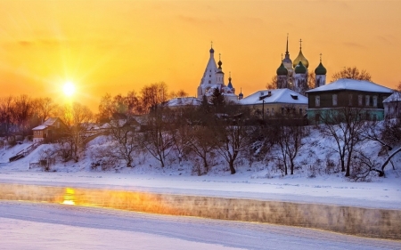 Church Near the River - river, trees, winter, nature, snow, church, sun