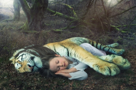 Just the annual springtime lethargy - paw, girl, copil, funny, child, fantasy, creative, spring, sleep, john wilhelm, situation, animal, tiger, little girl