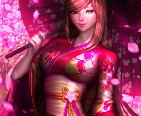 Akiko - michellehoefener, blossom, girl, akiko, spring, petals, pink, fantasy, umbrella, parasol, luminos