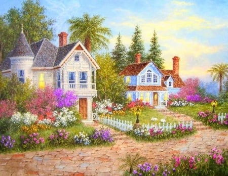 Fernwood Lane - summer, attractions in dreams, paintings, spring, architecture, home, flowers, garden, love four seasons, houses