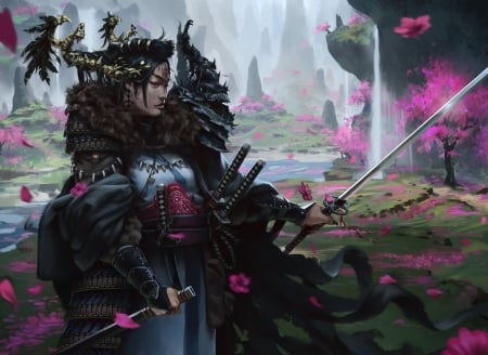 Fantasy girl - girl, sword, petals, pink, black, fantasy, wind, art, asian, luminos