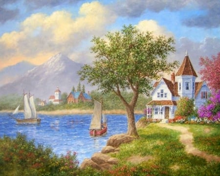 Lake in the Valley - attractions in dreams, valley, houses, sailboats, summer, spring, lakes, love four seasons, home, architecture, paintings, flowers, garden