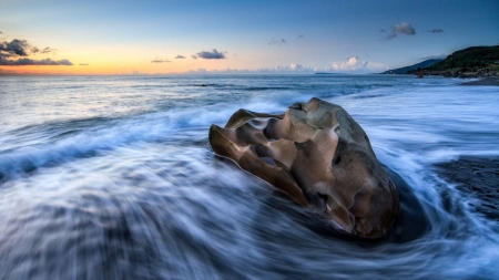 Big Rock on the Beach - clouds, shore, nature, beach, sea, rocks