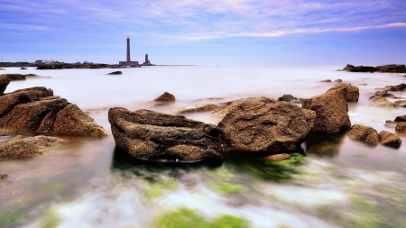 Rocks on the Foamy Sea - nature, lighthouse, sea, foam, rocks