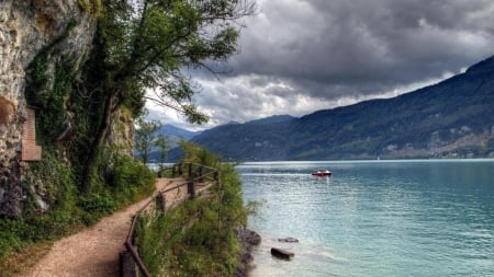 Beautiful Path Around a Lake - clouds, path, trees, nature, boat, lake, mountain