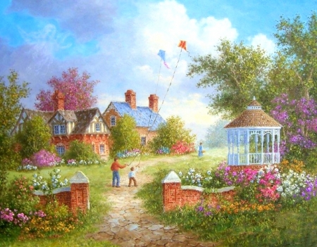 The Kite Fliers - attractions in dreams, houses, kite, summer, gazebo, spring, love four seasons, home, family, architecture, kites, paintings, flowers, garden