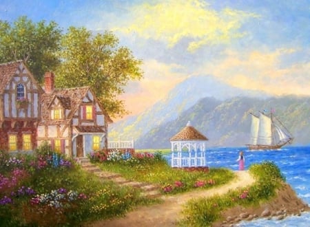 Down by the Shore - seaside, attractions in dreams, houses, paradise, summer, gazebo, nature, love four seasons, home, architecture, sailboat, paintings, flowers