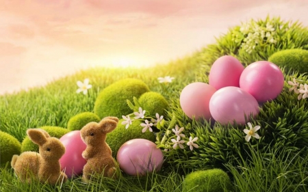 Happy Easter - easter, flowers, eggs, grass