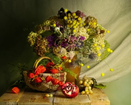 Still LIfe - flowers, table, basket, still life