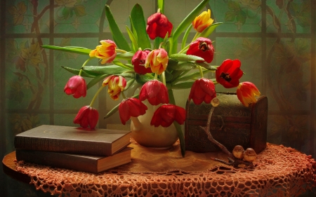 Beautiful bouquet of tulips - tulips, bouquet, lovely, still life, spring, pretty, cozy, beautiful, books