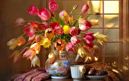 Still life with tulips - coffee, tea, tulips, bouquet, still life, lovely, spring, pretty, cozy, beautiful, flowers