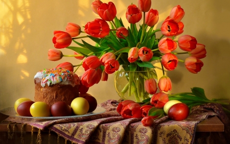 Easter still life - pretty, eggs, vase, spring, cozy, lovely, still life, bouquet, easter, flowers, colorful, tulips, holiday, cake