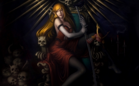 Fantasy girl - girl, bakemonogatari, dark, skull, black, fantasy, red, art, demon