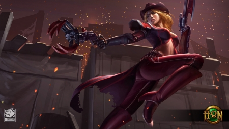 Gunclaw - red, heroes of newerth, fantasy, gunclaw, hat, game, luminos, girl