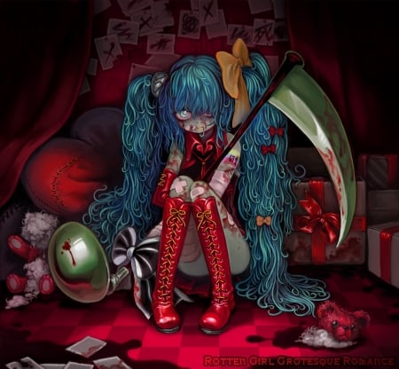 Hatsune Miku grotesque - halloween, hatsune miku, grotesque, luminos, red, blue, anime, manga