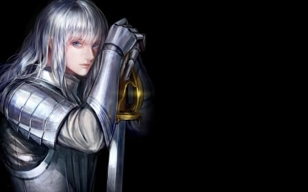 Knight - sword, silver, black, anime, knight, manga, warrior, fantasy, armor, man