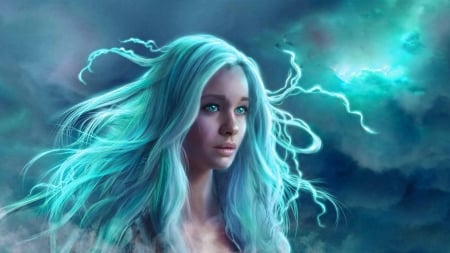 Storm - woman, girl, long hair, fantasy, storm, art, windy, pretty, beautiful, blue, digital