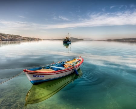 Boat in Harbor - clouds, nature, boat, sea, harbor, reflection