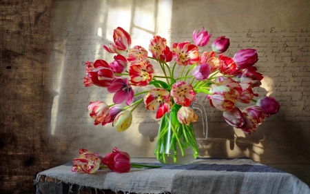 Spring bouquet - tulips, bouquet, still life, lovely, vase, spring, home, pretty, beautiful, cozy, flowers