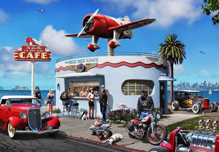GeeBee Cafe - dog, cars, motorbikes, diner, cityscape, planes, retro, cafe, hot rod, water