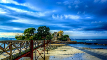 Bridge to the Castle - clouds, nature, coast, sea, castle, bridge