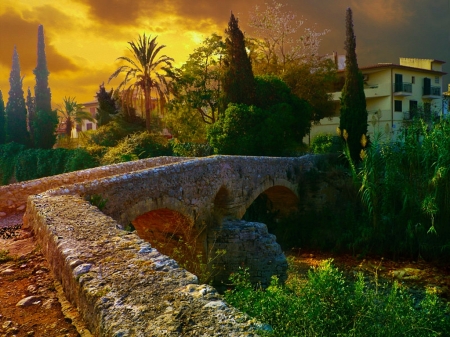 Alcudia, Mallorca - sky, trees, clouds, wall, palms, colors, house, sunset