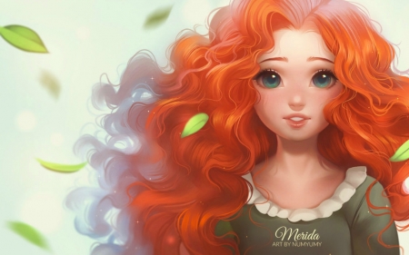 Merida - brave, portrait, merida, girl, fantasy, wind, redhead, numyumy, fanart, princess, leaf, disney, art, luminos