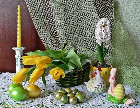 Still life - eggs, candle, easter, tulips, basket, bunny, still life, hyacinth