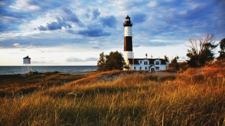 Coastal Lighthouse - clouds, nature, lighthouse, grass, weather, field, station, coastal