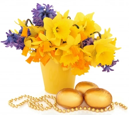 Happy easter! - eggs, flowers, easter, pearls, yellow, hyacinth