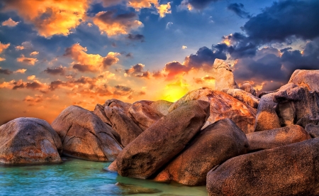 Sunrise over the Rocks - nature, rock, beach, sunrise