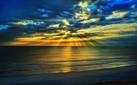 Cloudy Beach at Sunset - clouds, sunset, nature, rays, beach, sea