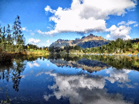 Low Poly Lake Reflection - clouds, trees, nature, lake, forest, reflection