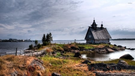 Old Small House on the Rocky River - nature, trees, river, clouds, house, rocks