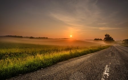 Sunset - road, land, sun, beautiful