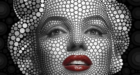 Marilyn Monroe - woman, actress, girl, lips, marilyn monroe, bw, black, face, white, art, victoria le, portrait, red, pointilism, texture