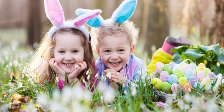 Happy Easter! - yellow, blue, ears, girl, spring, flower, pink, bunny, easter, boy, colorful, smile, cute, little, egg, couple