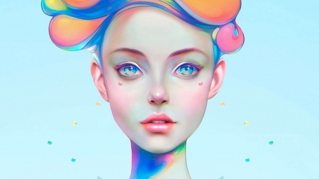 Beauty - blue, christian orillo, portrait, eyes, beauty, pink, frumusete, colorful, fantasy, rainbow, face, luminos