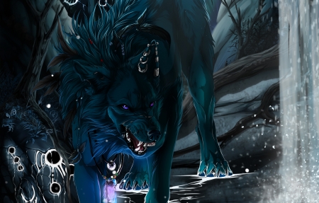 Darkness - lup, darkness, black, fantasy, wolf, luminos, blue, animal, wolfroad