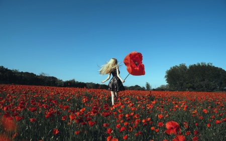 Giant poppy - poppy, summer, running, girl, flower, giant, red, woman, model, field