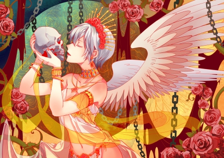 Tagme - skull, girl, chain, angel, wings, rose, feng you, tagme, yellow, pink, red, vocaloid, anime, flower, manga