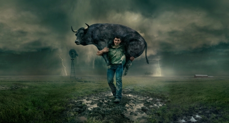 The power of a man - cow, funny, black, fantasy, creative, power, horns, storm, situation, man, green, bull, dan escobar