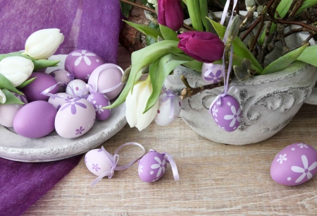 Easter Eggs - eggs, bows, purple, easter eggs, ribbons, easter, tulips, vase