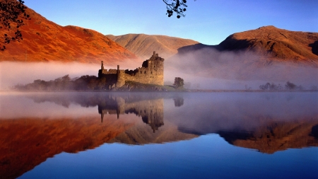 Ancient Kilchum Castle,Scotland - dust, lake, mountains, landscape, castle, nature