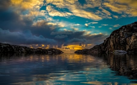 Coastal Sunset - sunlight, landscape, sunset, mountains, coast, nature, reflection, clouds, rock, sea