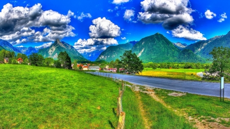 Slovenian Beautiful Scenery - clouds, trees, nature, green, road, forest, mountains, houses