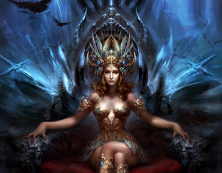 Dungeon Queen - throne, fantasy, blue, na sun, girl, art, dungeon queen, luminos