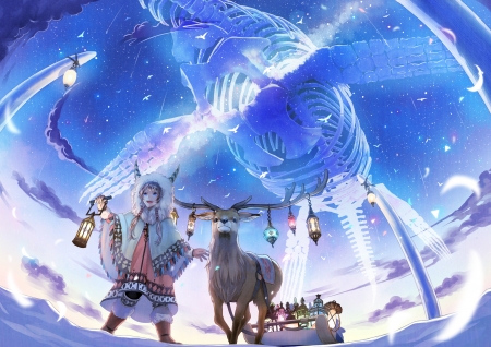 Winter - girl, winter, kirinosuke, horns, white, reindeer, blue, anime, manga