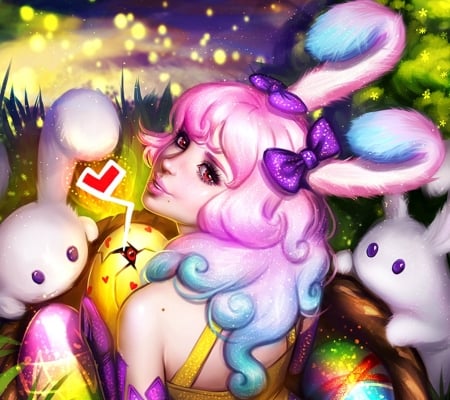 Easter bunny - ears, girl, pink, bunny, easter, fantasy, ayyasap, egg, art, luminos