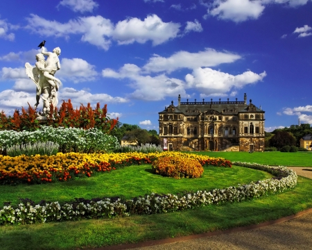 Statue and Castle in Germany - clouds, trees, nature, monument, garden, statue, castle